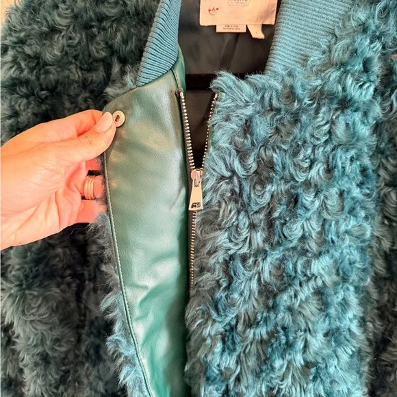Anthropologie Teal Faux Fur Bomber Jacket - Picture 3 of 7